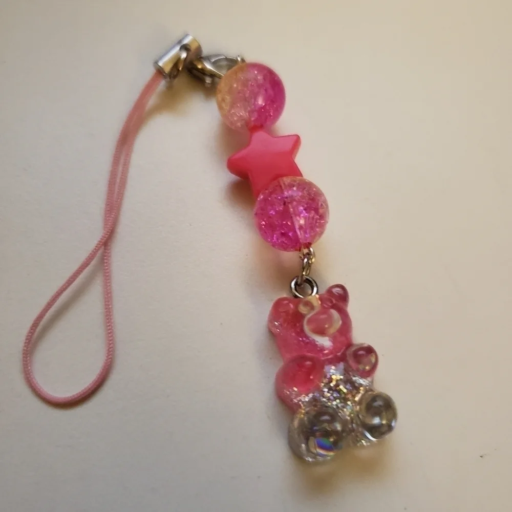Handmade Silver Pink Ombre Glitter Gummy Bear Keychain Phone Charm